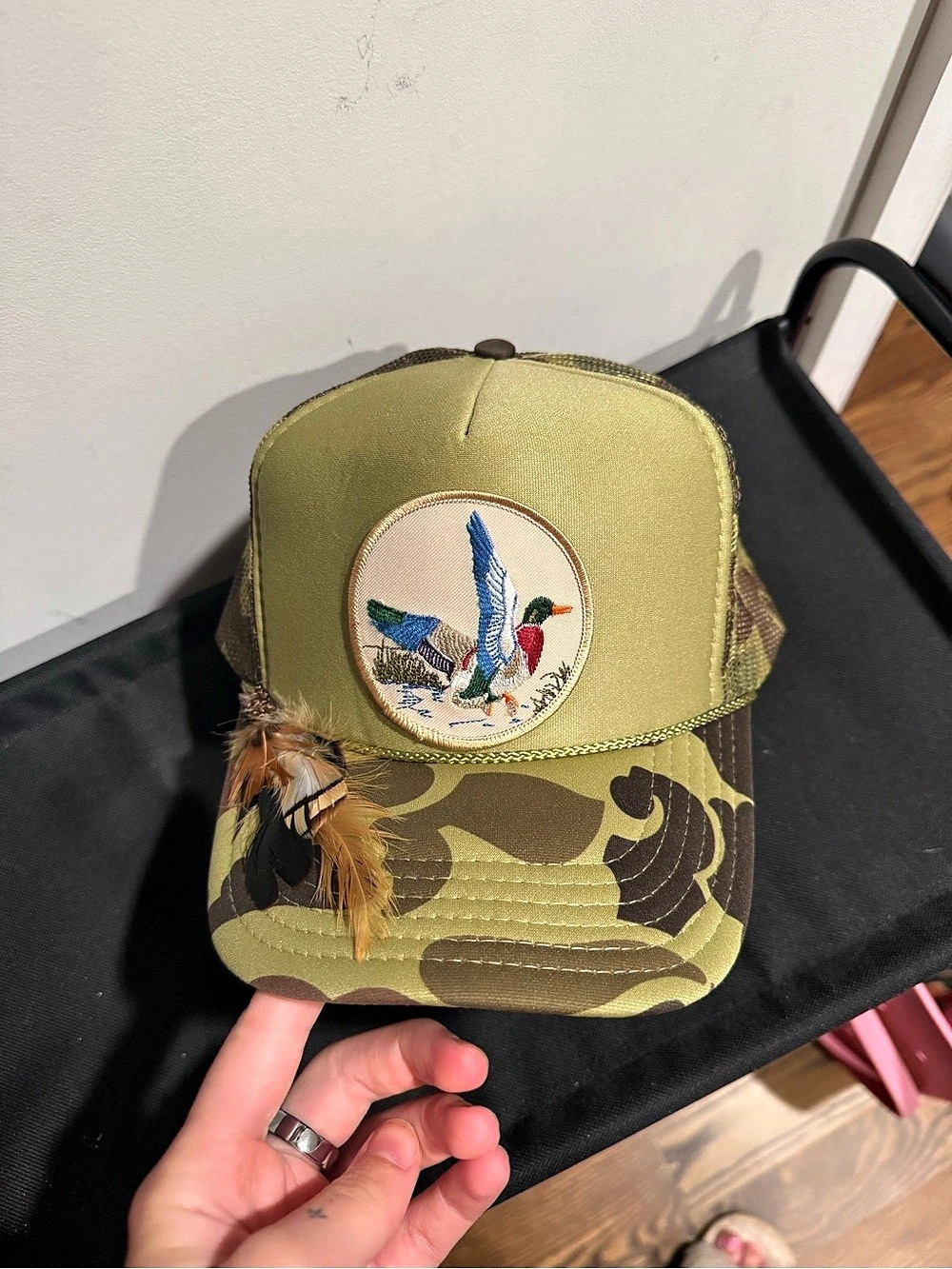 OTTO Camo Duck Patch Trucker Hat with Feather Accent Green & Brown OOAK